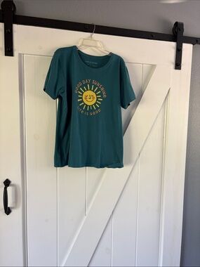 Women’s Large Life Is Good Teal Short Sleeve Tee with Yellow Sun Graphic